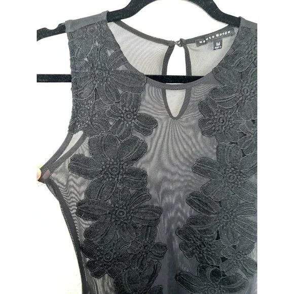 HAUTE Monde Black Bodysuit Sheer Floral Sleevless Size M Womens Sexy G - Picture 5 of 11